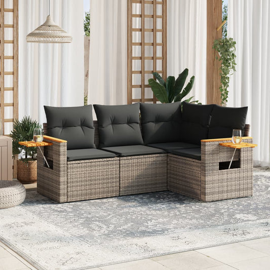 HKH 4 Pcs Conjunto Sofás de Jardim C/ Almofadões Vime Pe - Cinzento