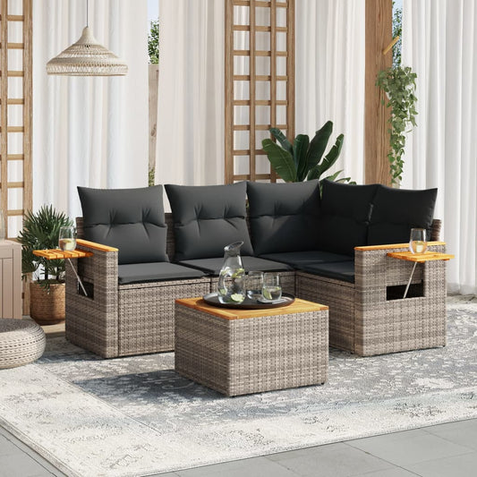 HKH 5 Pcs Conjunto Sofás de Jardim C/ Almofadões Vime Pe - Cinzento