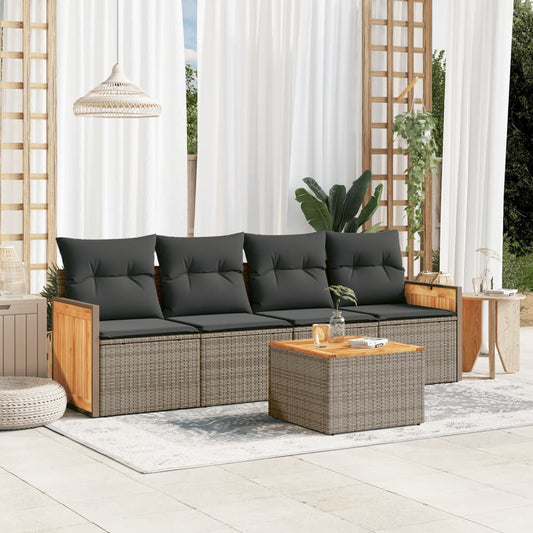 HKH 5 Pcs Conjunto Sofás de Jardim C/ Almofadões Vime Pe - Cinzento