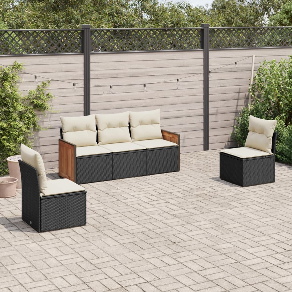 HKH 5 Pcs Conjunto Sofás de Jardim com Almofadões Vime Pe - Preto