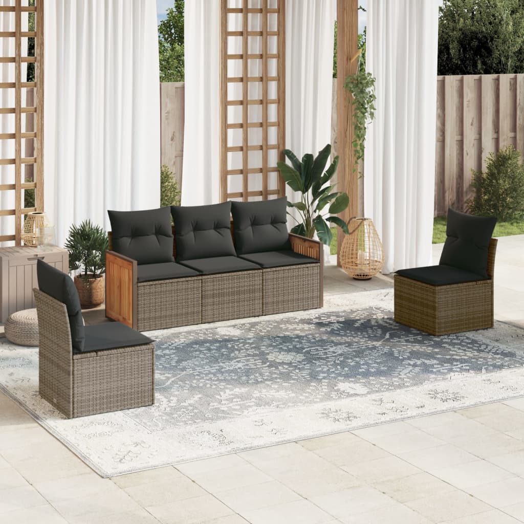 HKH 5 Pcs Conjunto Sofás de Jardim C/ Almofadões Vime Pe - Cinzento
