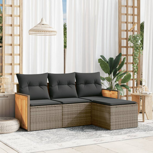 HKH 4 Pcs Conjunto Sofás de Jardim C/ Almofadões Vime Pe - Cinzento