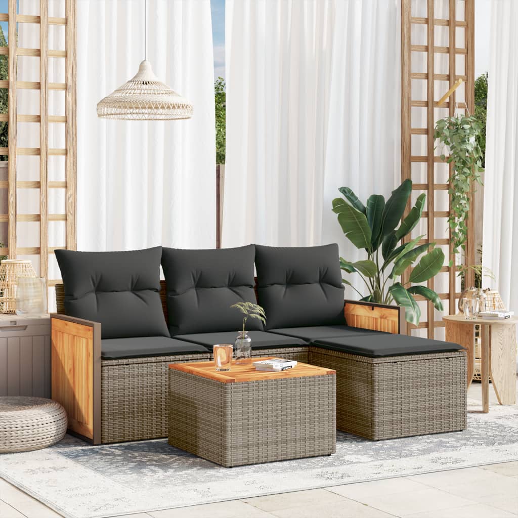 HKH 5 Pcs Conjunto Sofás de Jardim C/ Almofadões Vime Pe - Cinzento