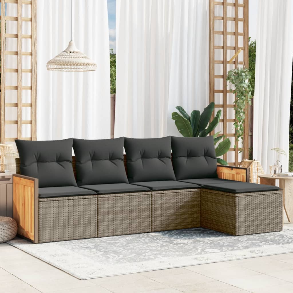 HKH 5 Pcs Conjunto Sofás de Jardim C/ Almofadões Vime Pe - Cinzento