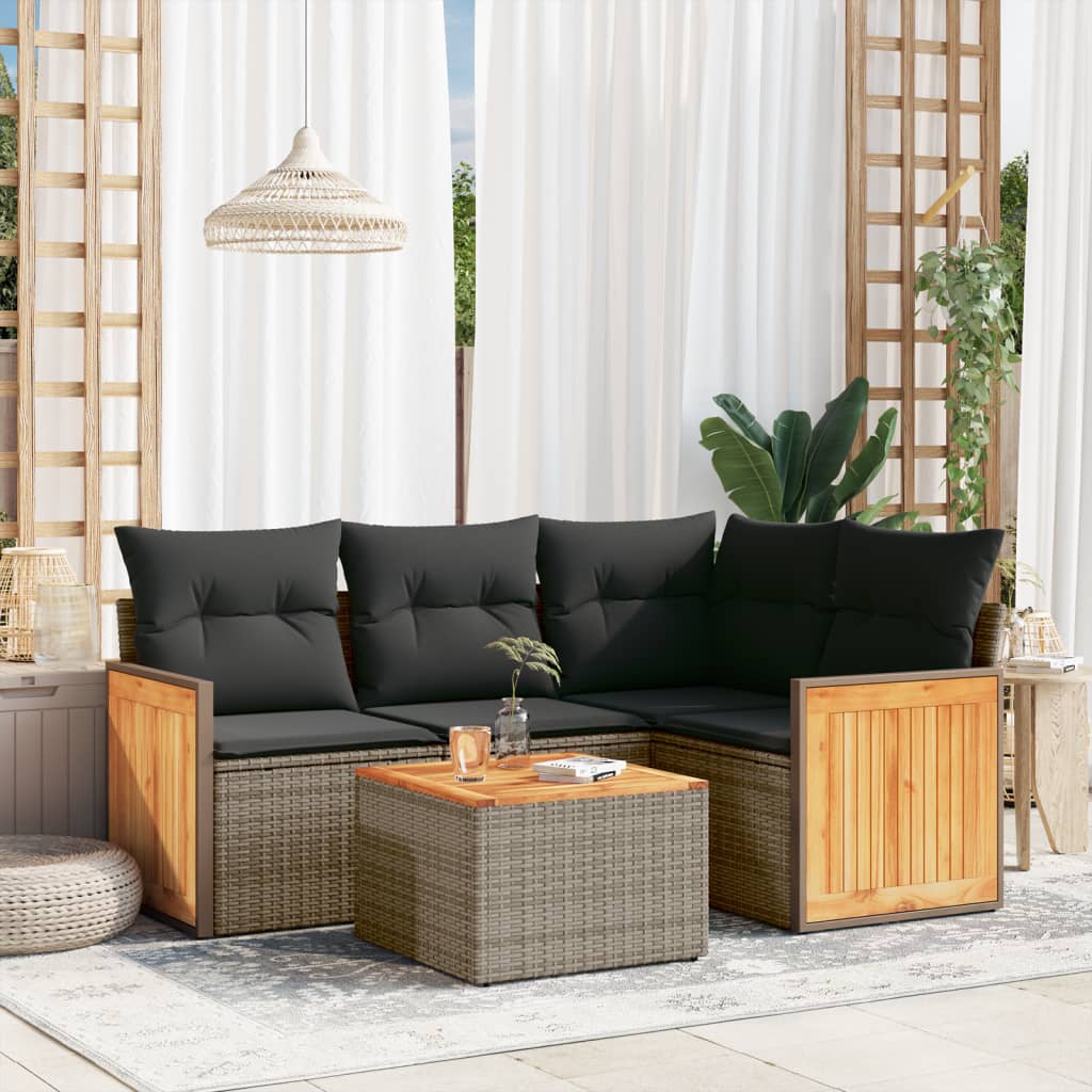 HKH 5 Pcs Conjunto Sofás de Jardim C/ Almofadões Vime Pe - Cinzento