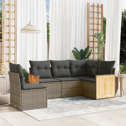 HKH 5 Pcs Conjunto Sofás de Jardim C/ Almofadões Vime Pe - Cinzento