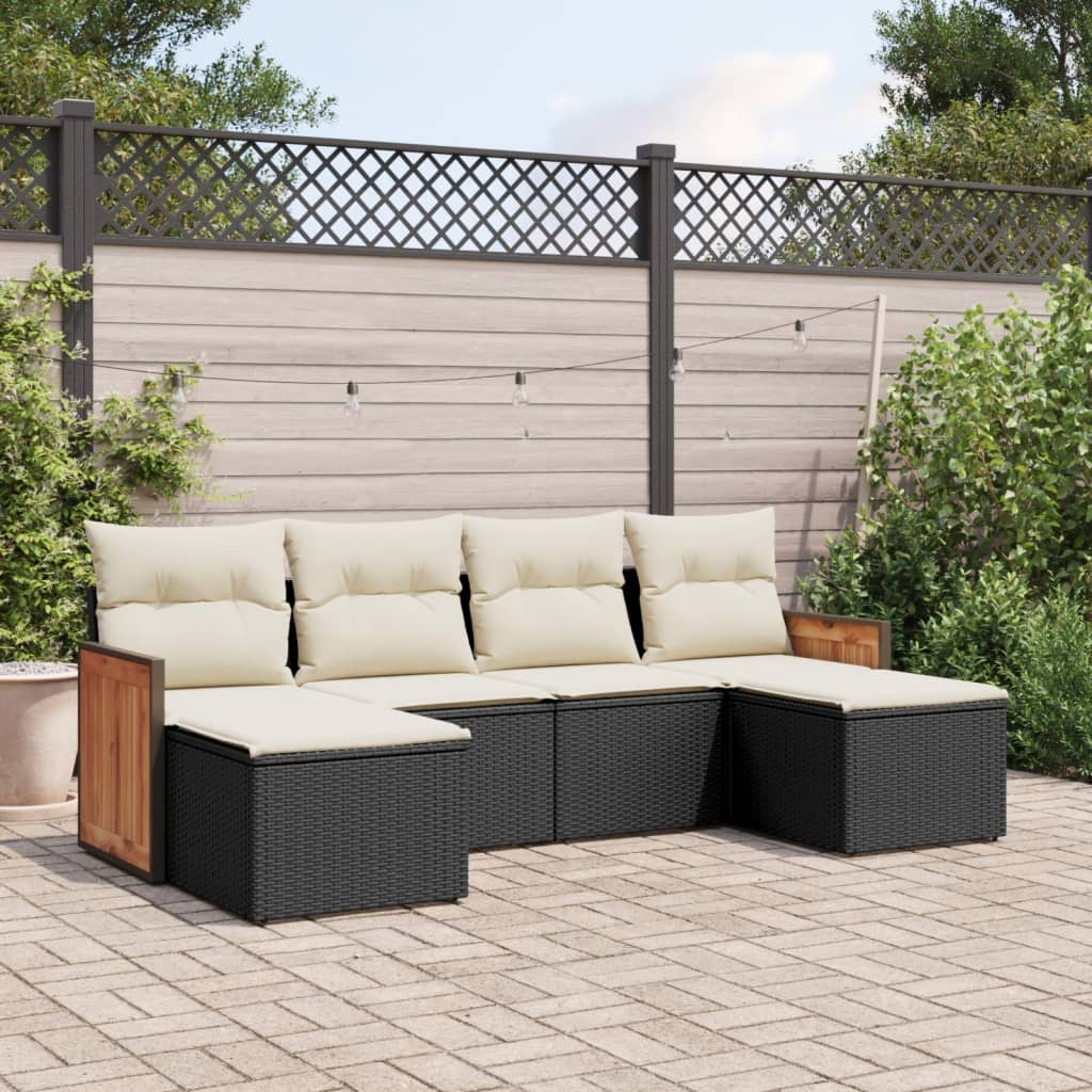 HKH 6 Pcs Conjunto Sofás de Jardim C/ Almofadões Vime Pe - Preto