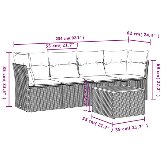 HKH 5 Pcs Conjunto Sofás de Jardim com Almofadões Vime Pe - Preto
