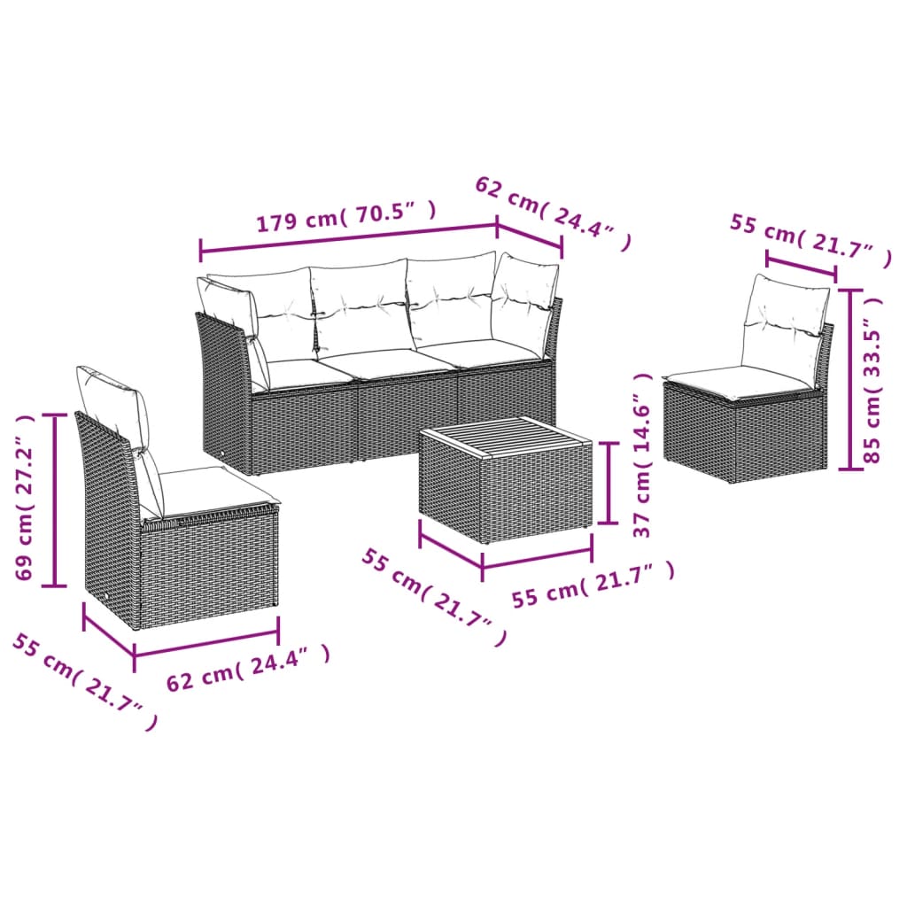 HKH 6 Pcs Conjunto Sofás de Jardim C/ Almofadões Vime Pe - Preto