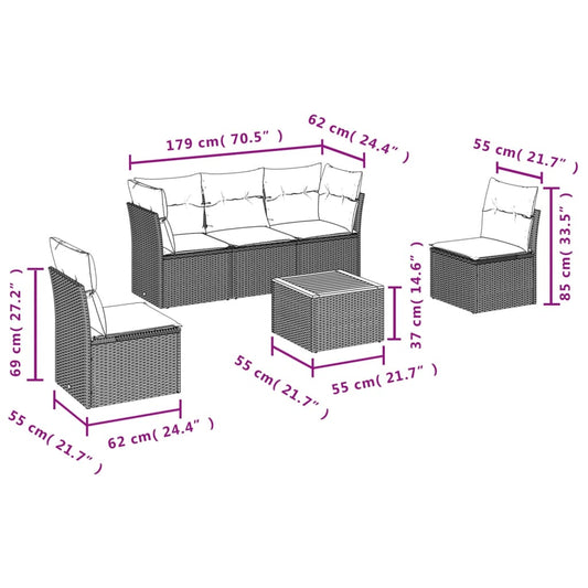 HKH 6 Pcs Conjunto Sofás de Jardim C/ Almofadões Vime Pe - Preto