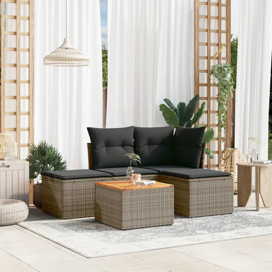 HKH 5 Pcs Conjunto Sofás de Jardim C/ Almofadões Vime Pe - Cinzento
