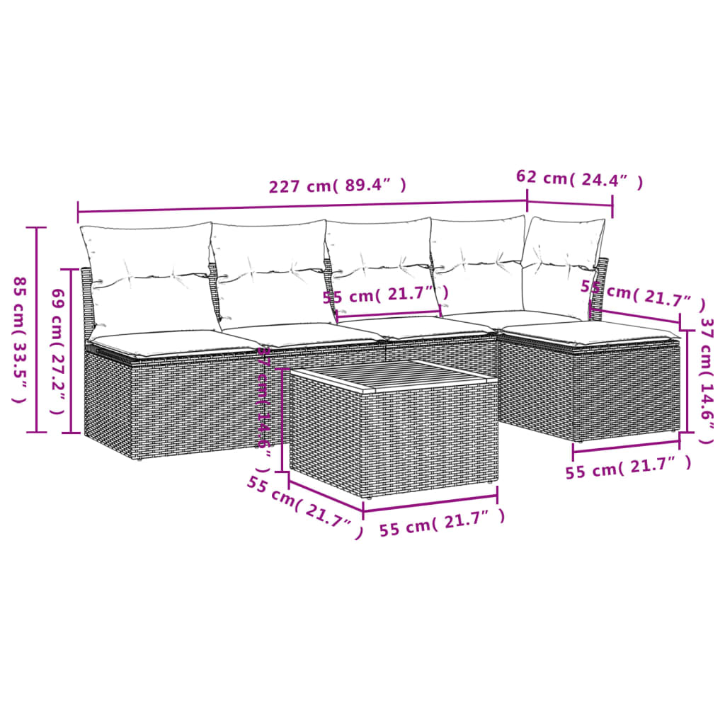 HKH 6 Pcs Conjunto Sofás de Jardim com Almofadões Vime - Cinzento
