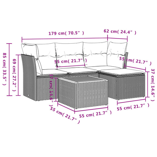 HKH 5 Pcs Conjunto Sofás de Jardim C/ Almofadões Vime Pe - Cinzento