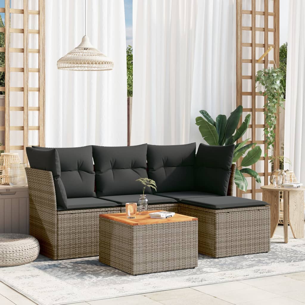 HKH 5 Pcs Conjunto Sofás de Jardim C/ Almofadões Vime Pe - Cinzento