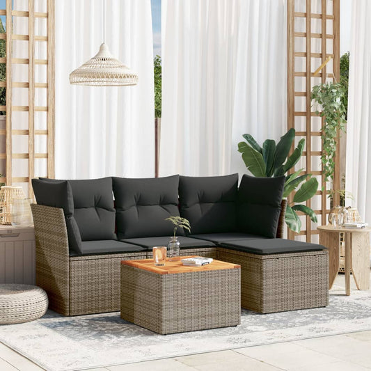HKH 5 Pcs Conjunto Sofás de Jardim C/ Almofadões Vime Pe - Cinzento