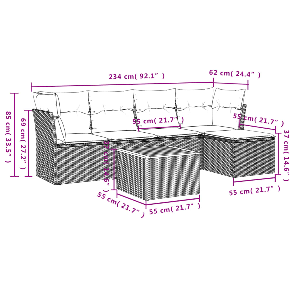 HKH 6 Pcs Conjunto Sofás de Jardim C/ Almofadões Vime Pe - Preto