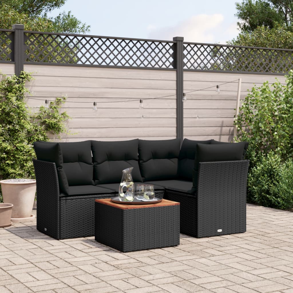HKH 5 Pcs Conjunto Sofás de Jardim com Almofadões Vime Pe - Preto