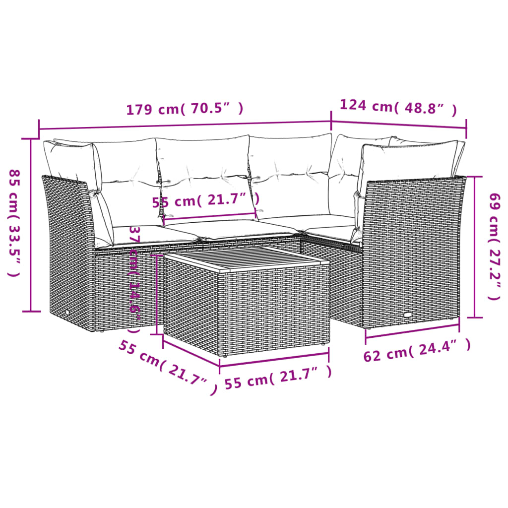 HKH 5 Pcs Conjunto de Sofás P/ Jardim com Almofadões Vime Pe - Bege