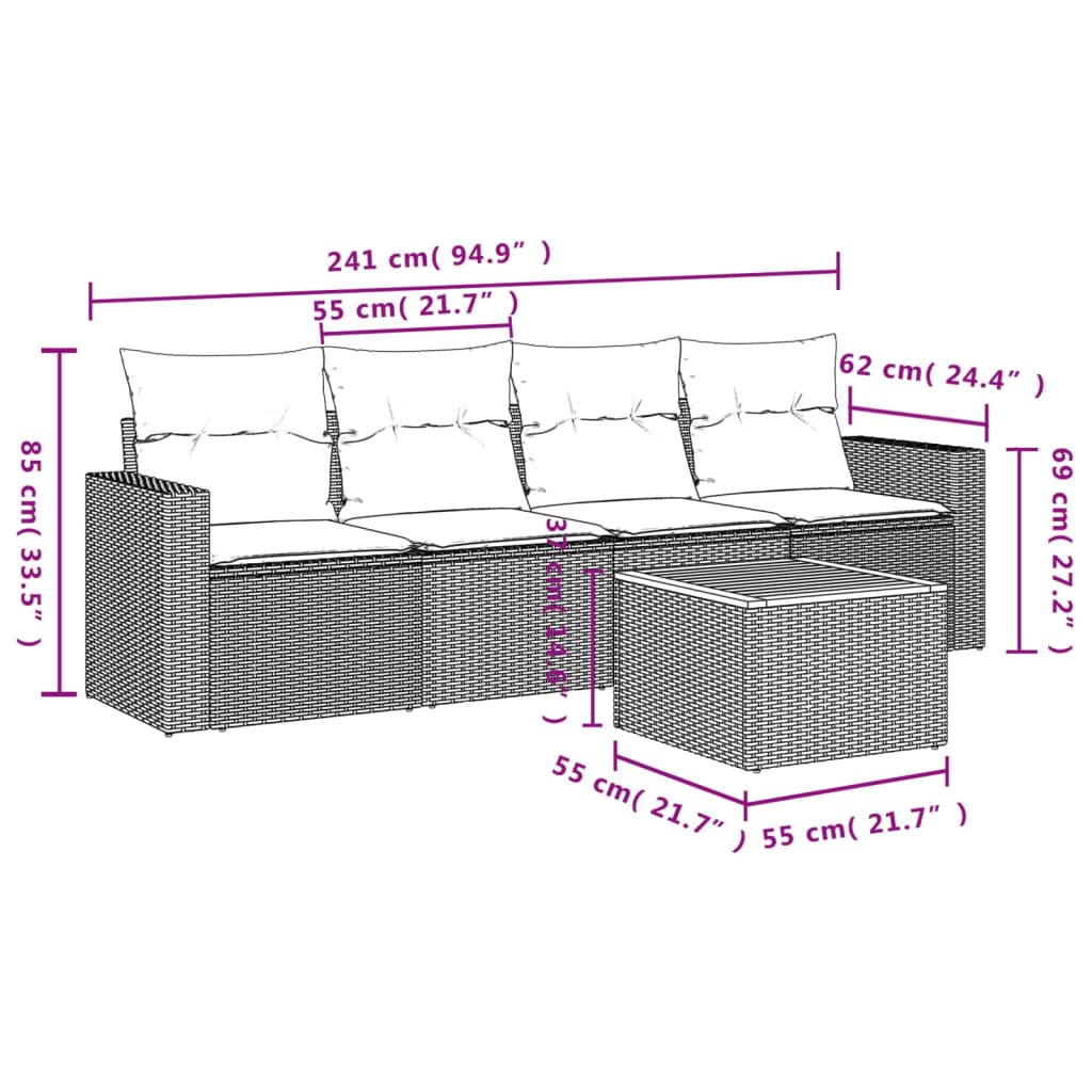 HKH 5 Pcs Conjunto Sofás de Jardim com Almofadões Vime Pe - Preto