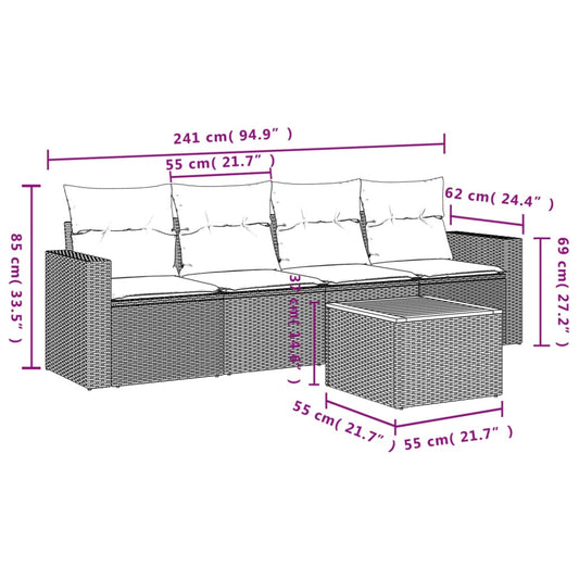 HKH 5 Pcs Conjunto Sofás de Jardim C/ Almofadões Vime Pe - Cinzento