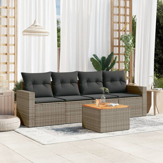 HKH 5 Pcs Conjunto Sofás de Jardim C/ Almofadões Vime Pe - Cinzento