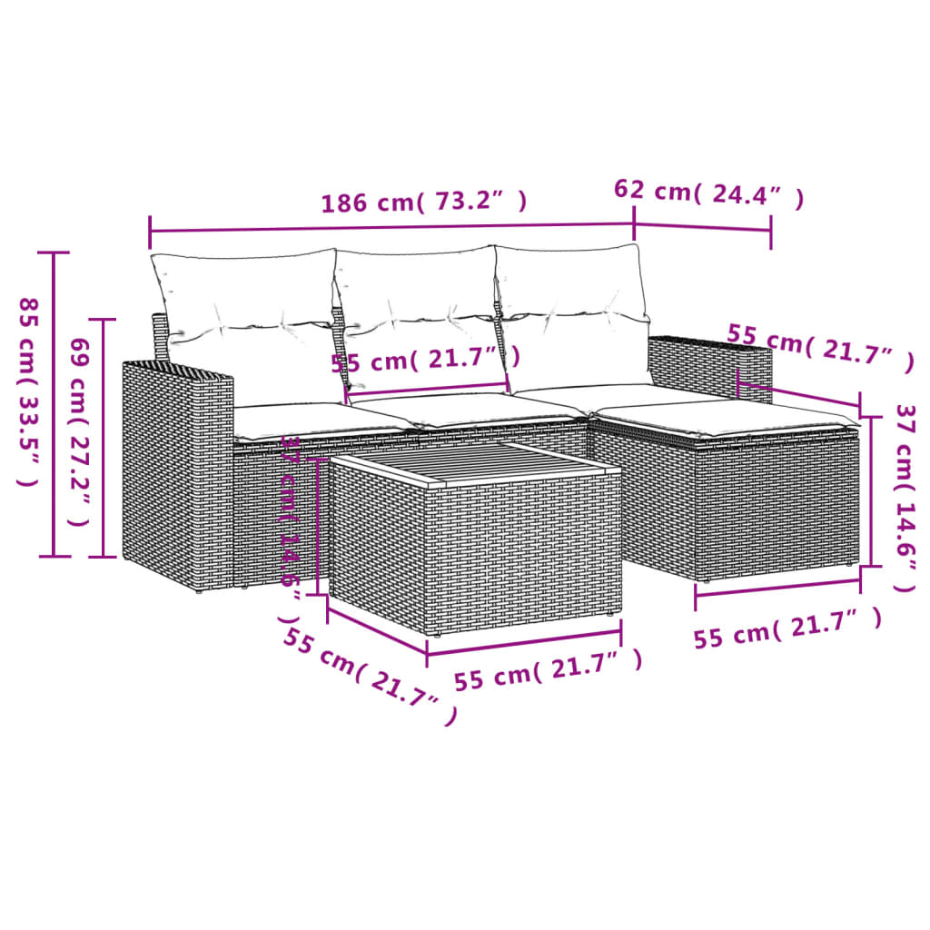 HKH 5 Pcs Conjunto de Sofás P/ Jardim com Almofadões Vime Pe - Bege