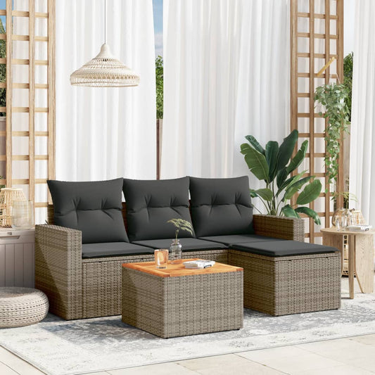 HKH 5 Pcs Conjunto Sofás de Jardim C/ Almofadões Vime Pe - Cinzento