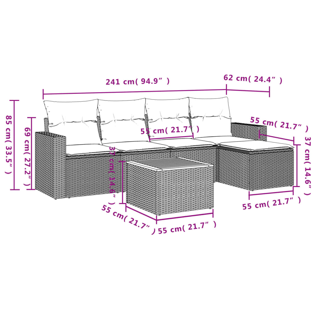 HKH 6 Pcs Conjunto Sofás de Jardim com Almofadões Vime - Cinzento