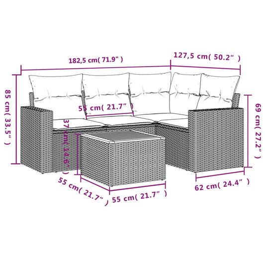 HKH 5 Pcs Conjunto Sofás de Jardim C/ Almofadões Vime Pe - Cinzento