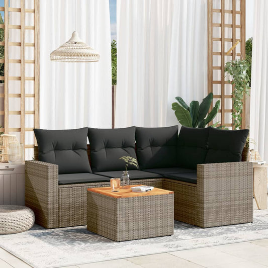 HKH 5 Pcs Conjunto Sofás de Jardim C/ Almofadões Vime Pe - Cinzento