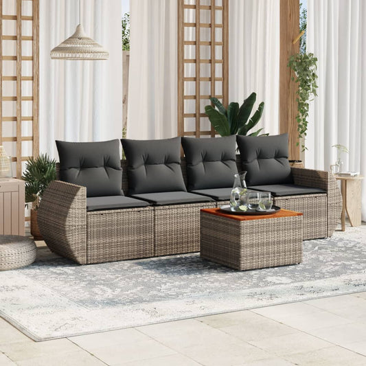 HKH 5 Pcs Conjunto Sofás de Jardim C/ Almofadões Vime Pe - Cinzento