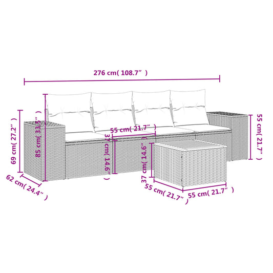 HKH 5 Pcs Conjunto Sofás de Jardim C/ Almofadões Vime Pe - Cinzento