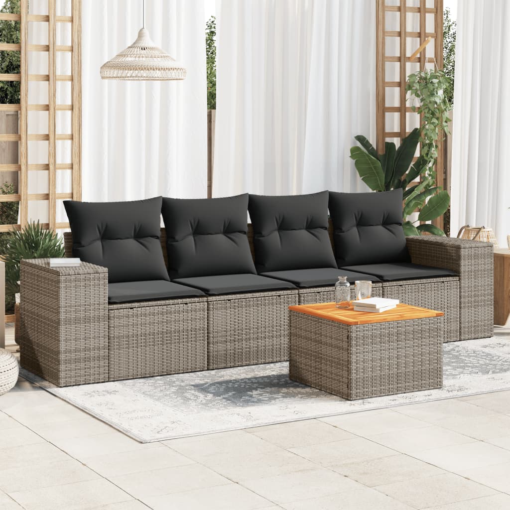 HKH 5 Pcs Conjunto Sofás de Jardim C/ Almofadões Vime Pe - Cinzento