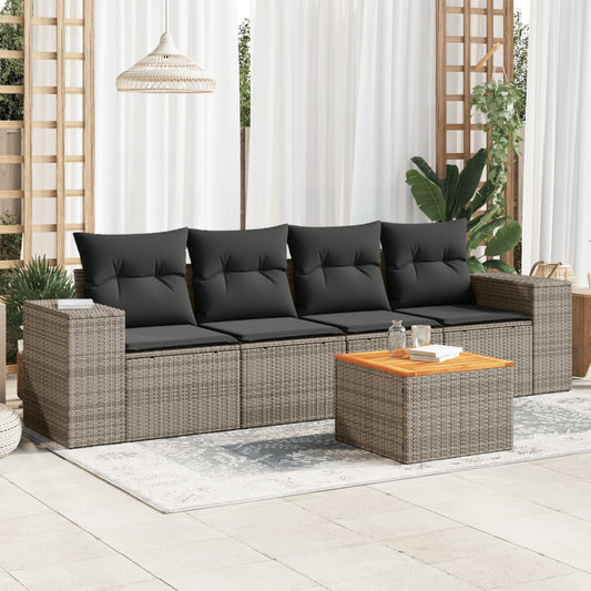 HKH 5 Pcs Conjunto Sofás de Jardim C/ Almofadões Vime Pe - Cinzento