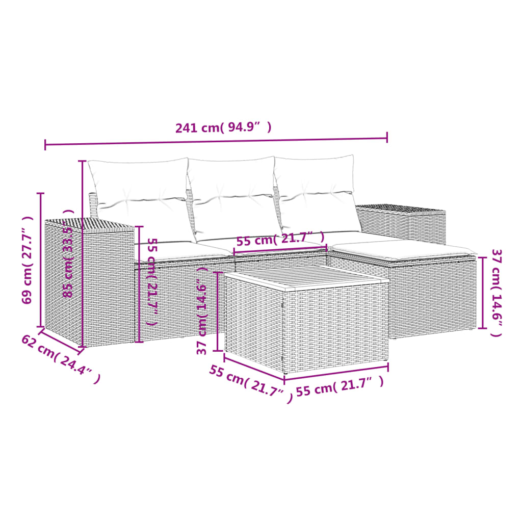 HKH 5 Pcs Conjunto Sofás de Jardim com Almofadões Vime Pe - Preto