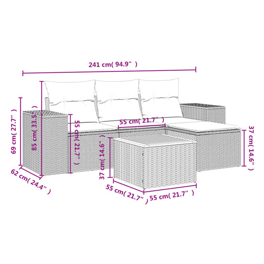 HKH 5 Pcs Conjunto Sofás de Jardim com Almofadões Vime Pe - Preto