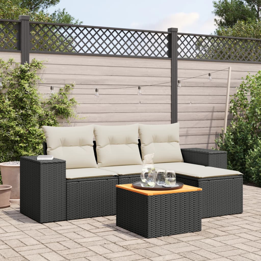 HKH 5 Pcs Conjunto Sofás de Jardim com Almofadões Vime Pe - Preto