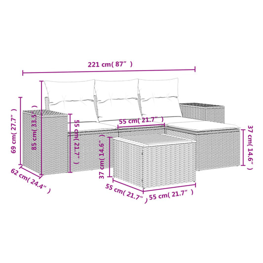 HKH 5 Pcs Conjunto Sofás de Jardim C/ Almofadões Vime Pe - Cinzento