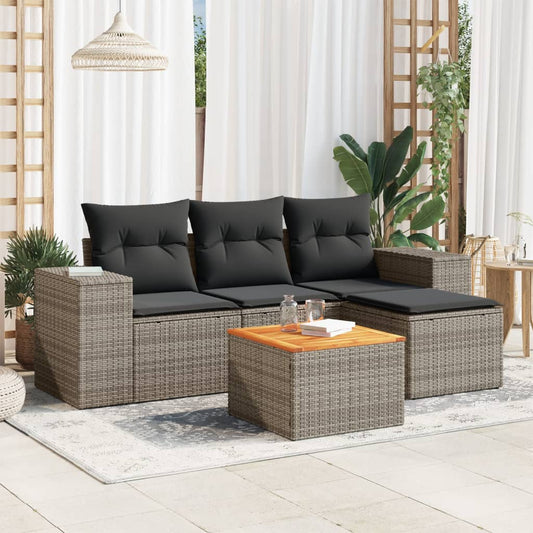 HKH 5 Pcs Conjunto Sofás de Jardim C/ Almofadões Vime Pe - Cinzento