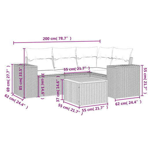HKH 5 Pcs Conjunto Sofás de Jardim com Almofadões Vime Pe - Preto