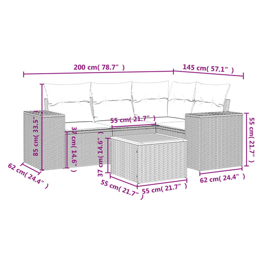 HKH 5 Pcs Conjunto Sofás de Jardim C/ Almofadões Vime Pe - Cinzento