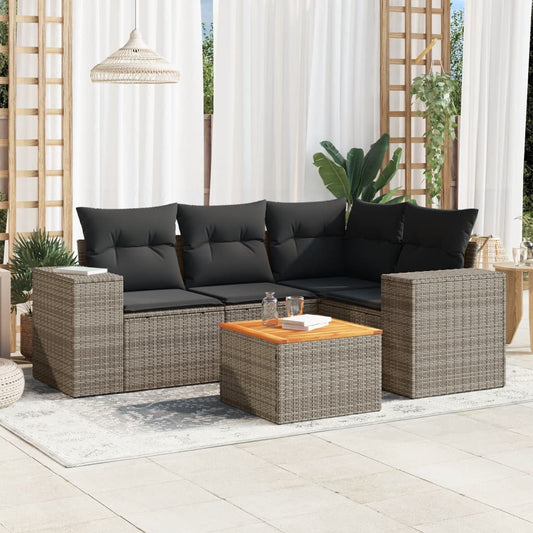 HKH 5 Pcs Conjunto Sofás de Jardim C/ Almofadões Vime Pe - Cinzento