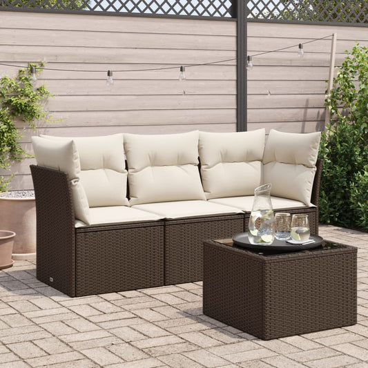 HKH 4 Pcs Conjunto Sofás de Jardim C/ Almofadões Vime Pe Castanho - Marrom
