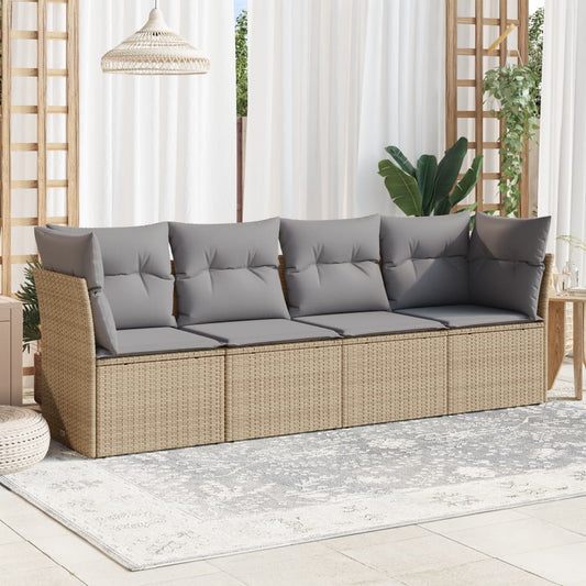 HKH 4 Pcs Conjunto de Sofás para Jardim C/ Almofadões Vime Pe - Bege
