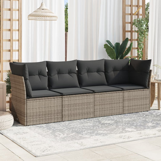 HKH 4 Pcs Conjunto Sofás de Jardim C/ Almofadões Vime Pe - Cinzento