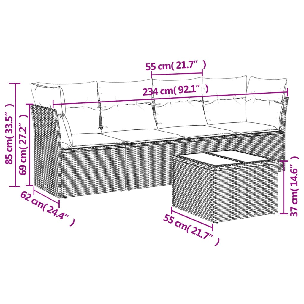 HKH 5 Pcs Conjunto Sofás de Jardim com Almofadões Vime Pe - Preto