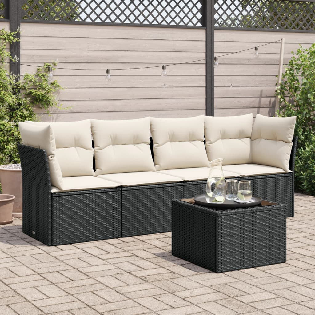 HKH 5 Pcs Conjunto Sofás de Jardim com Almofadões Vime Pe - Preto