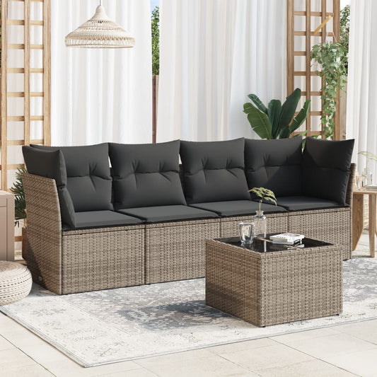 HKH 5 Pcs Conjunto Sofás de Jardim C/ Almofadões Vime Pe - Cinzento