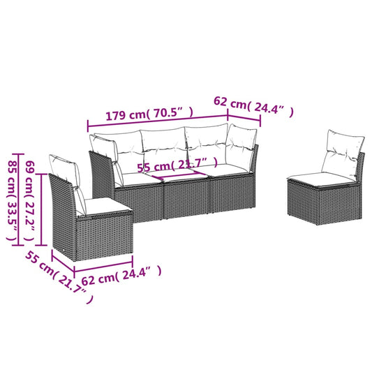 HKH 5 Pcs Conjunto Sofás de Jardim C/ Almofadões Vime Pe - Cinzento
