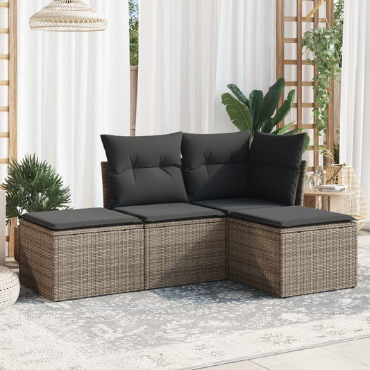 HKH 4 Pcs Conjunto Sofás de Jardim C/ Almofadões Vime Pe - Cinzento